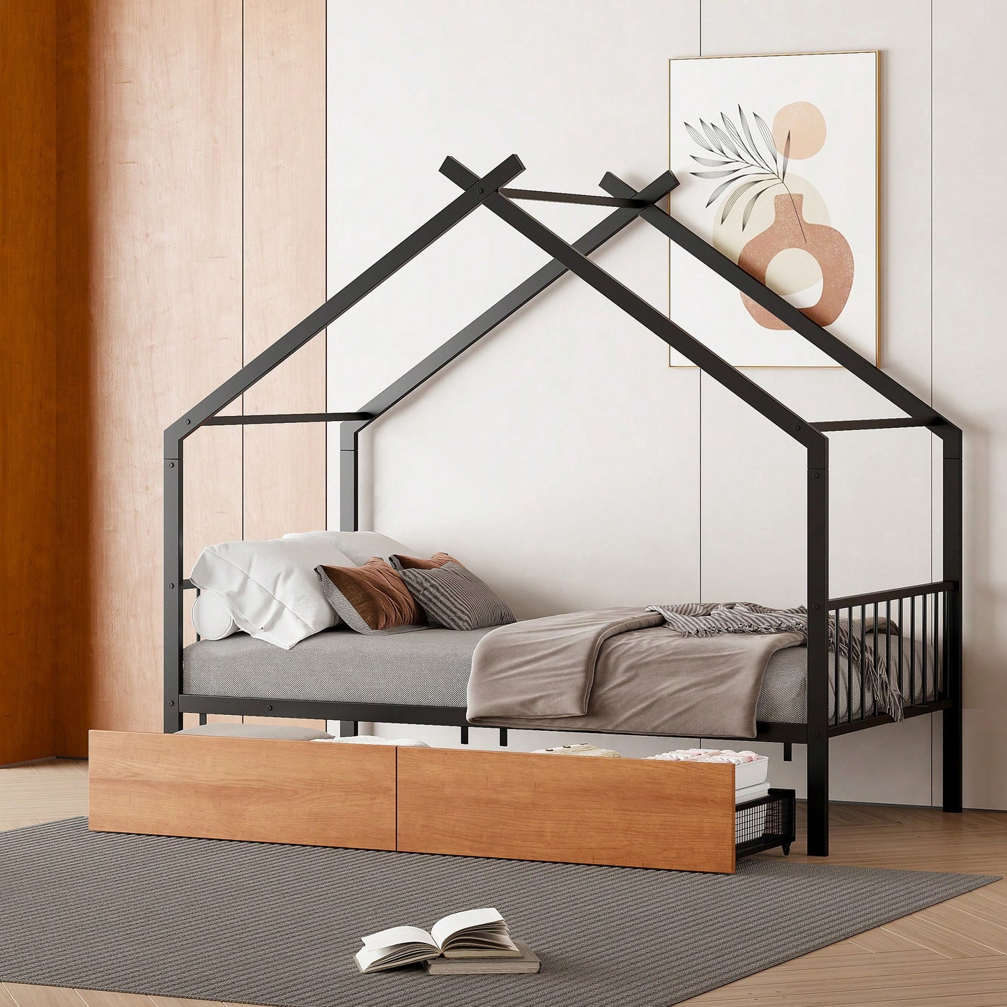 Stylish Twin Size Metal Bed Frame With Storage Drawers, Black Finish