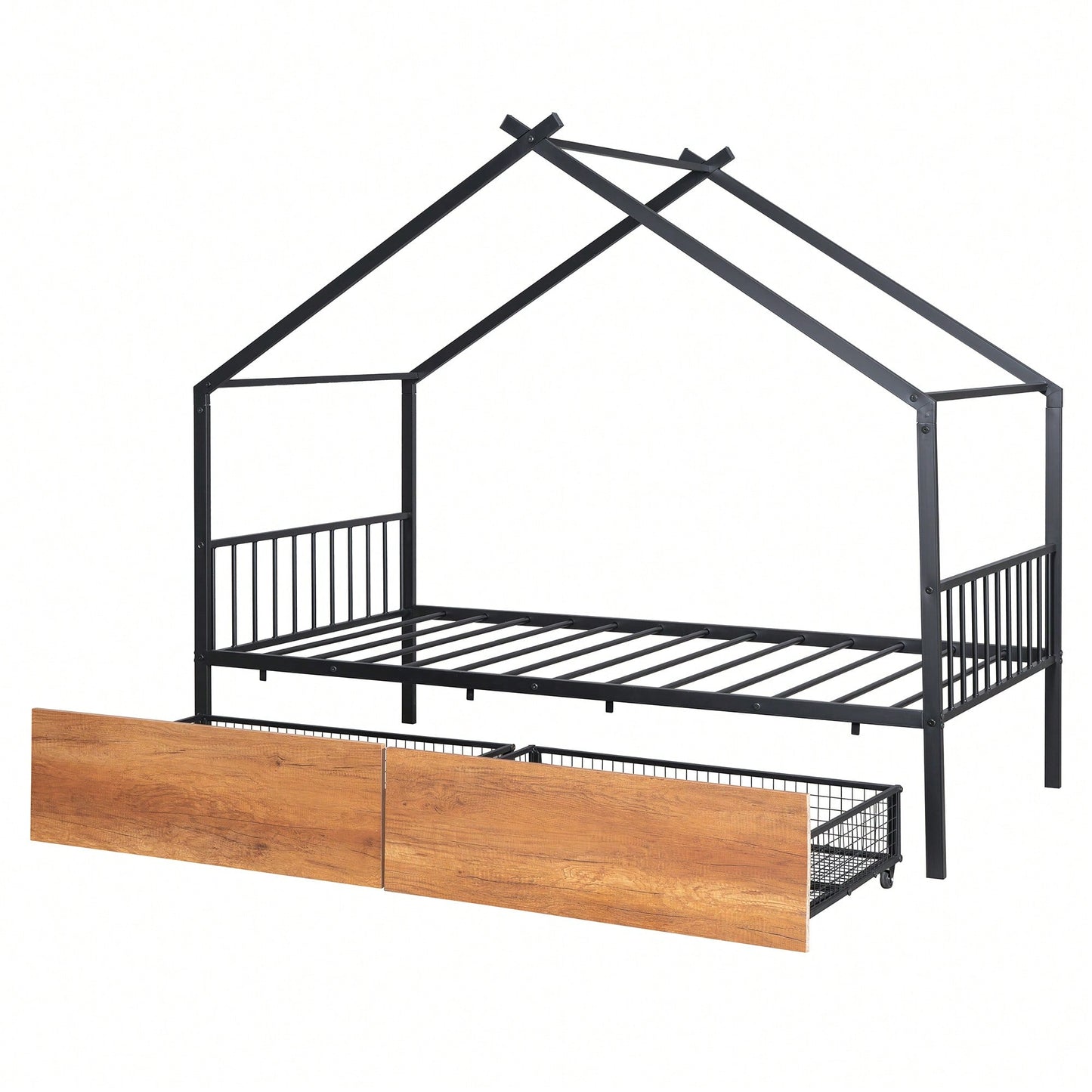 Stylish Twin Size Metal Bed Frame With Storage Drawers, Black Finish