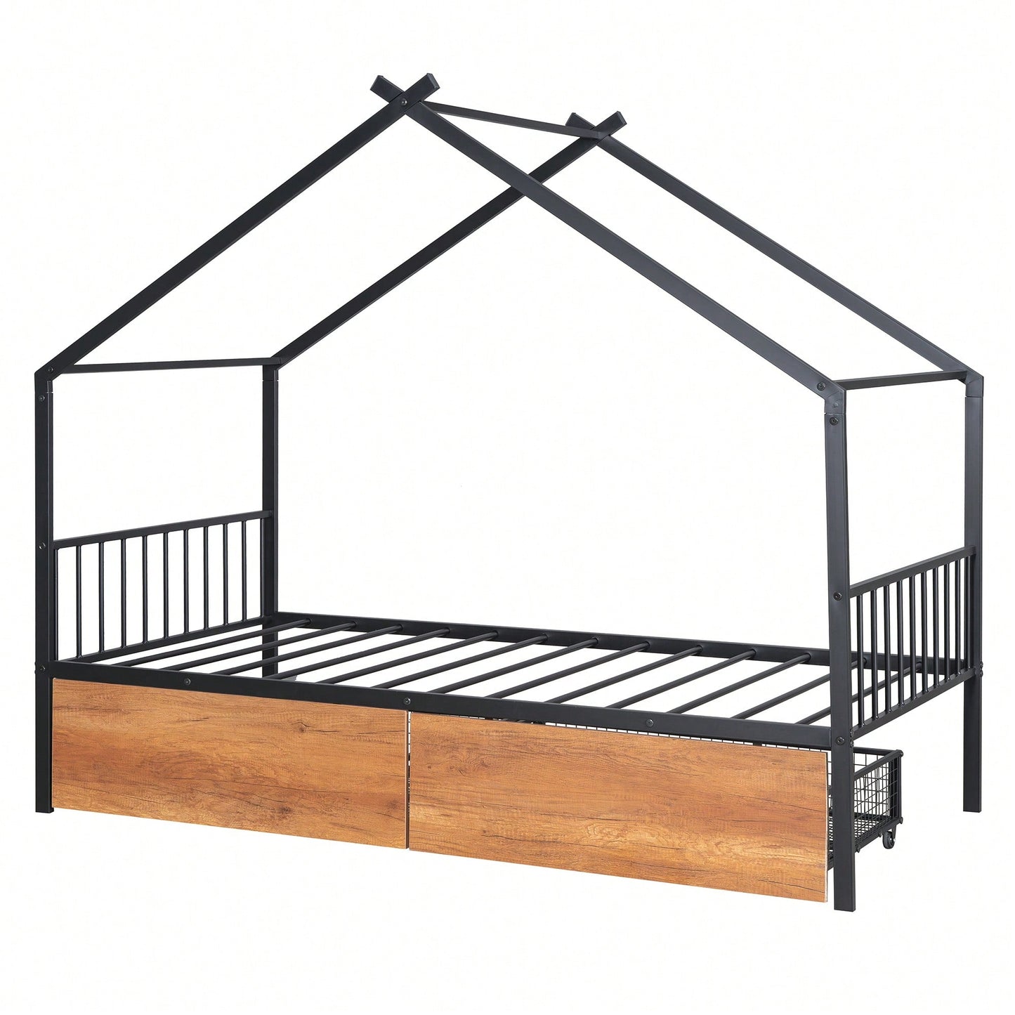 Stylish Twin Size Metal Bed Frame With Storage Drawers, Black Finish