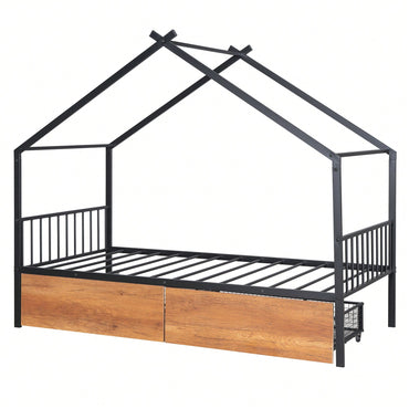 Stylish Twin Size Metal Bed Frame With Storage Drawers, Black Finish