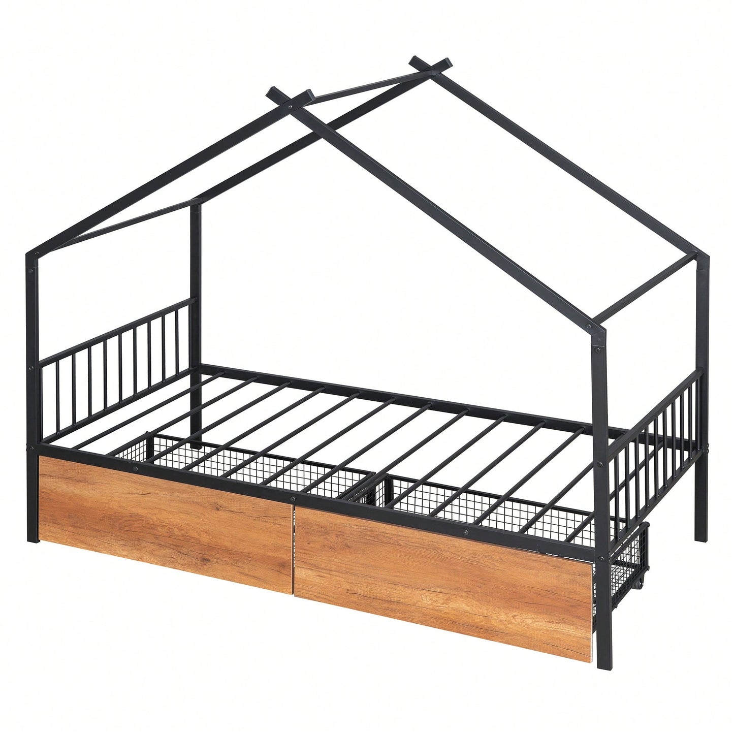 Stylish Twin Size Metal Bed Frame With Storage Drawers, Black Finish