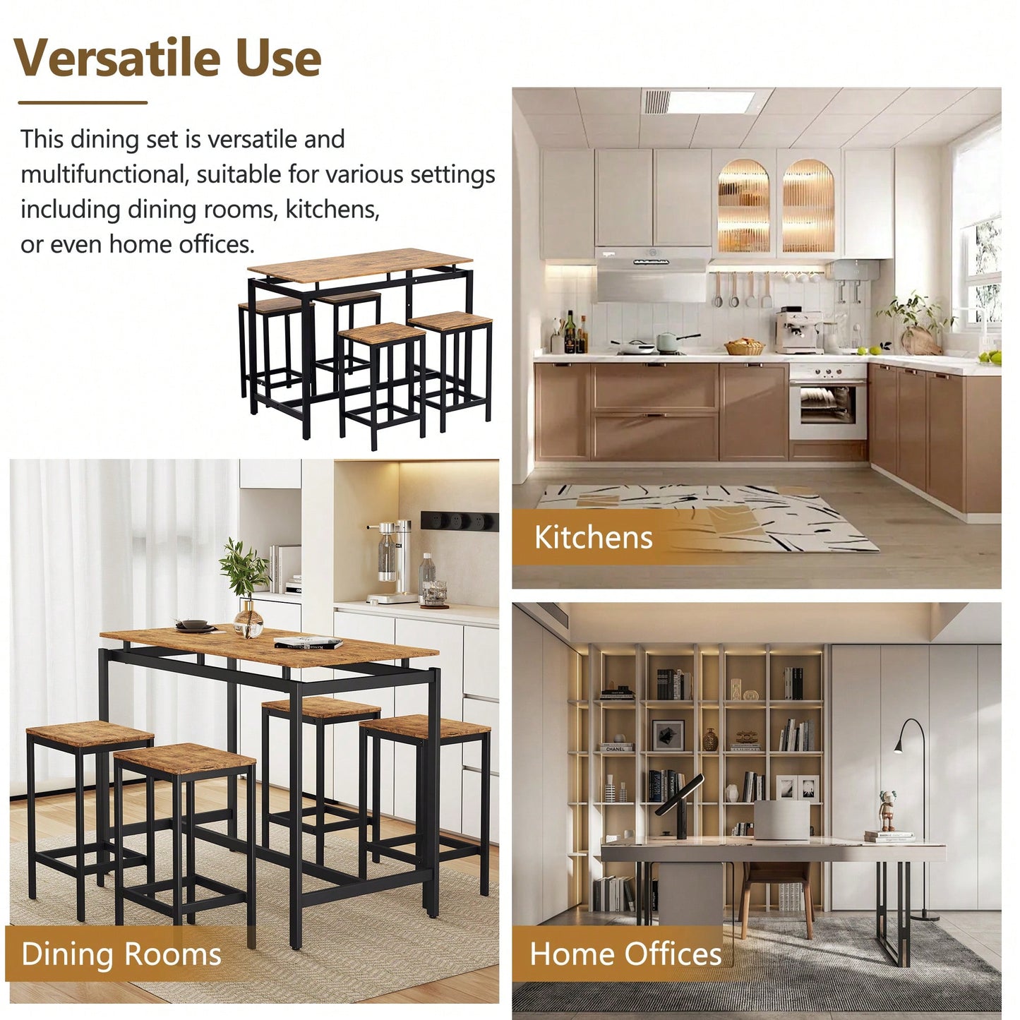 5-Piece Modern Industrial Bar Table Set With Space-Saving Stools - Stylish Furniture For Dining Room And Breakfast Nook (OAK)