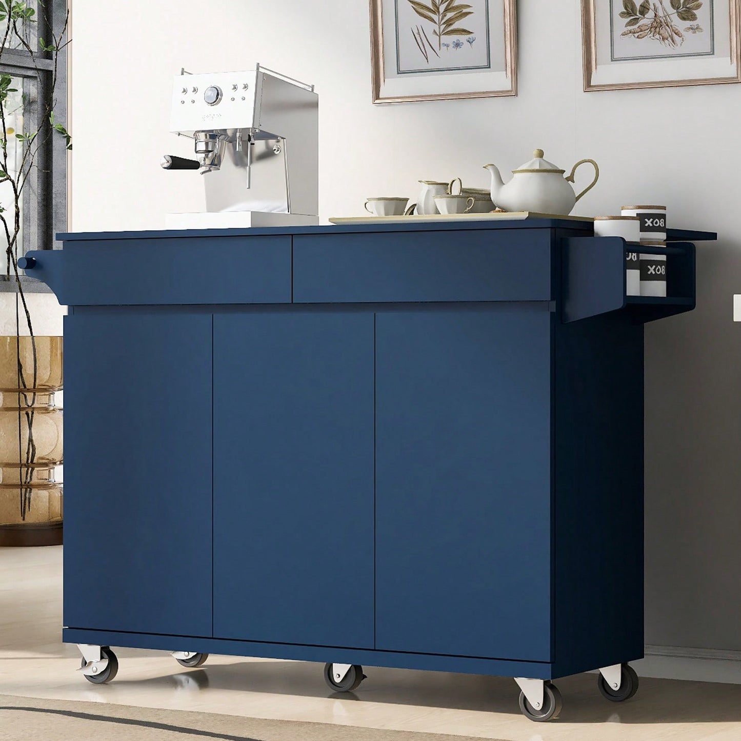 Navy Blue Rolling Kitchen Island with Drop Leaf and Storage Drawers for Versatile Dining Spaces