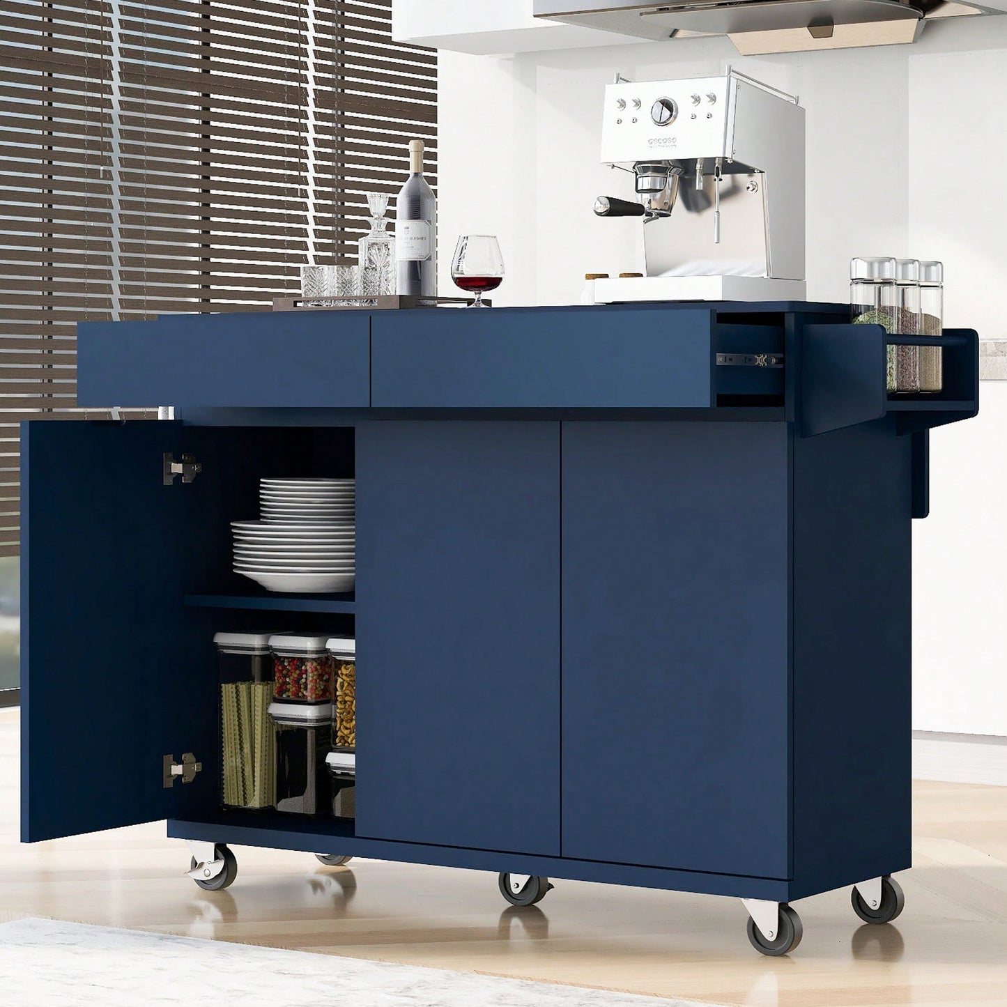 Navy Blue Rolling Kitchen Island with Drop Leaf and Storage Drawers for Versatile Dining Spaces