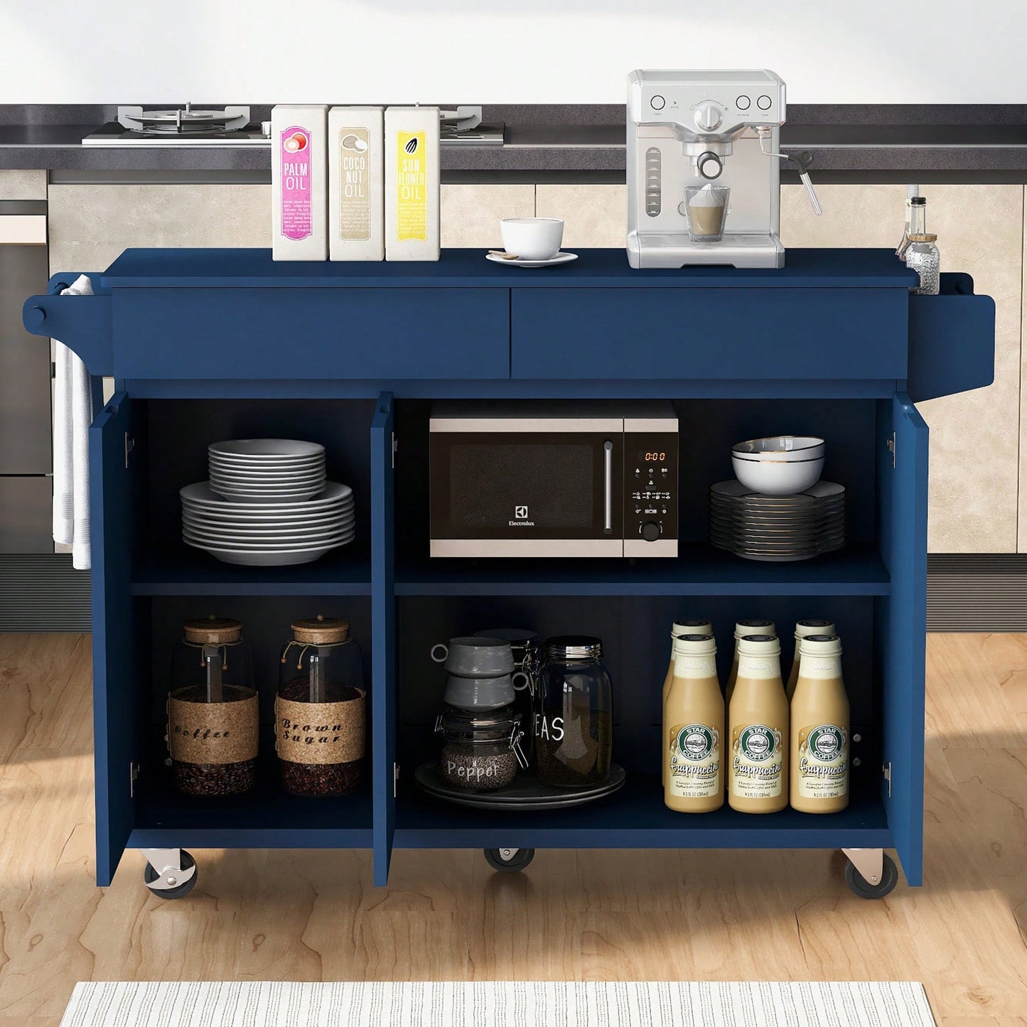 Navy Blue Rolling Kitchen Island with Drop Leaf and Storage Drawers for Versatile Dining Spaces