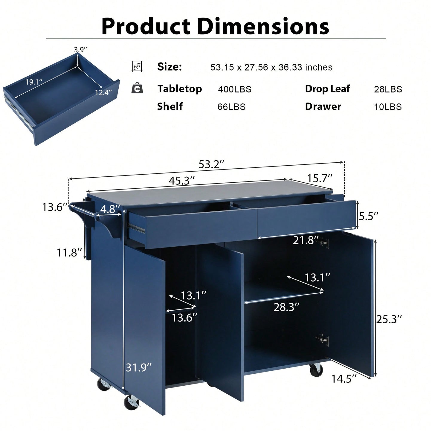 Navy Blue Rolling Kitchen Island with Drop Leaf and Storage Drawers for Versatile Dining Spaces