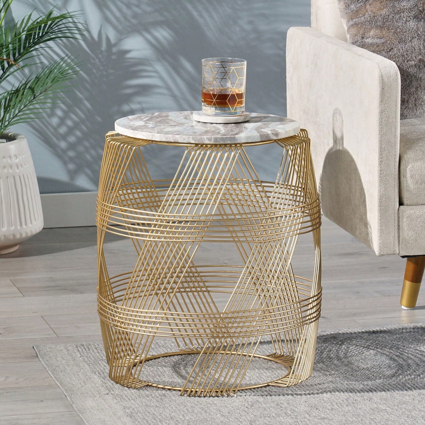 Elegant Round Wire Table With Marble Top For Modern Home Decor