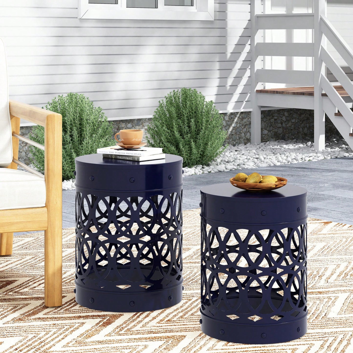 Rustic Outdoor Metal Set Of 2 End Tables For Patio And Garden Decor