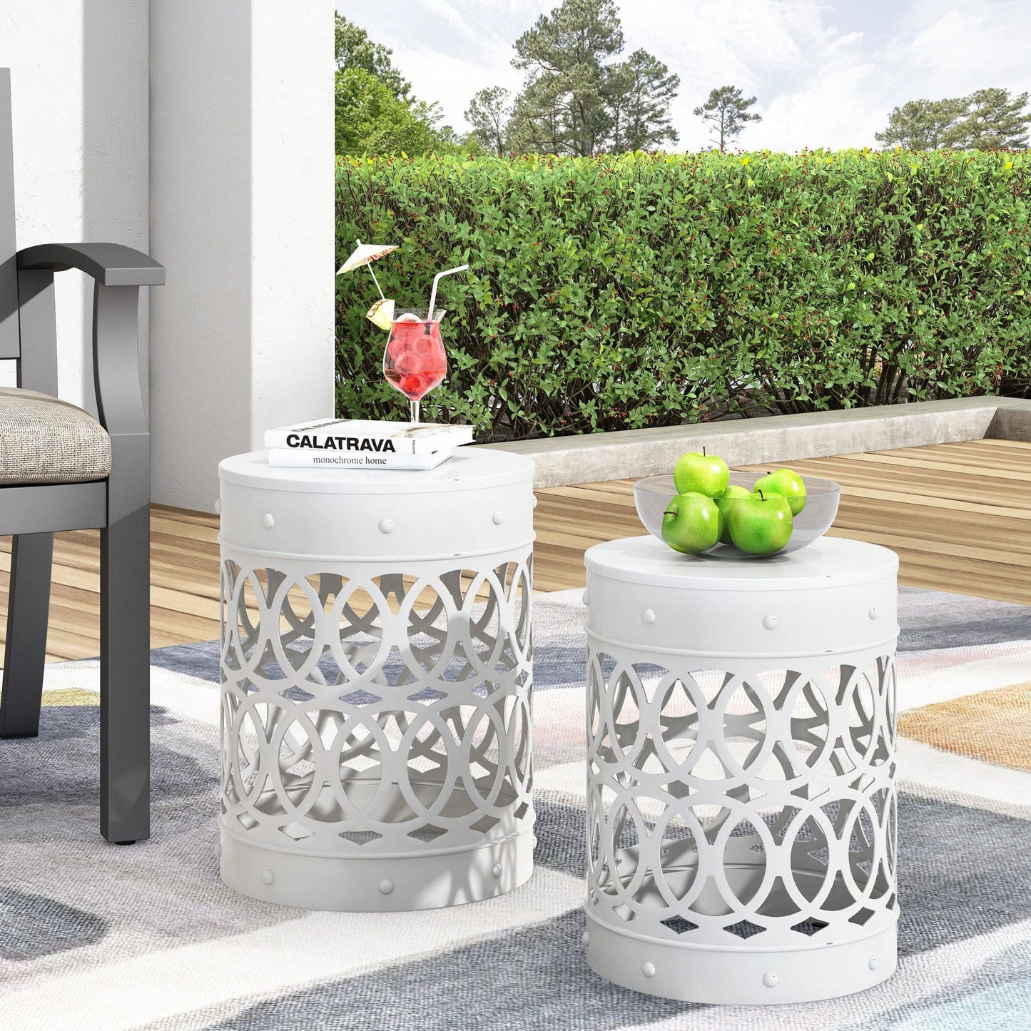 Rustic Outdoor Metal Set Of 2 End Tables For Patio And Garden Decor