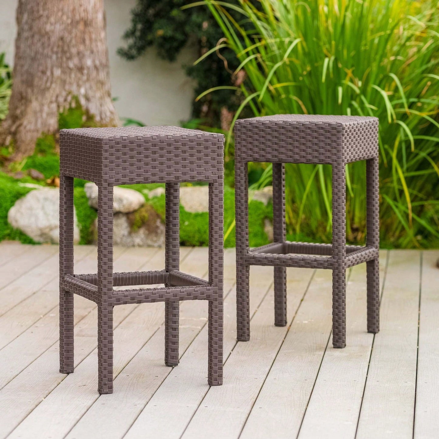 Set Of 2 Dark Brown Outdoor Rattan Backless Barstools For Patio And Garden