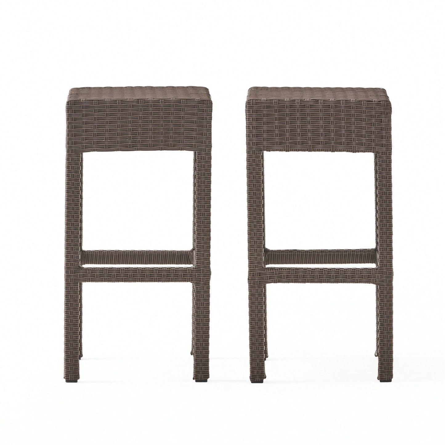 Set Of 2 Dark Brown Outdoor Rattan Backless Barstools For Patio And Garden