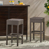 Set Of 2 Dark Brown Outdoor Rattan Backless Barstools For Patio And Garden