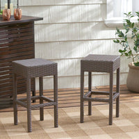 Set Of 2 Dark Brown Outdoor Rattan Backless Barstools For Patio And Garden