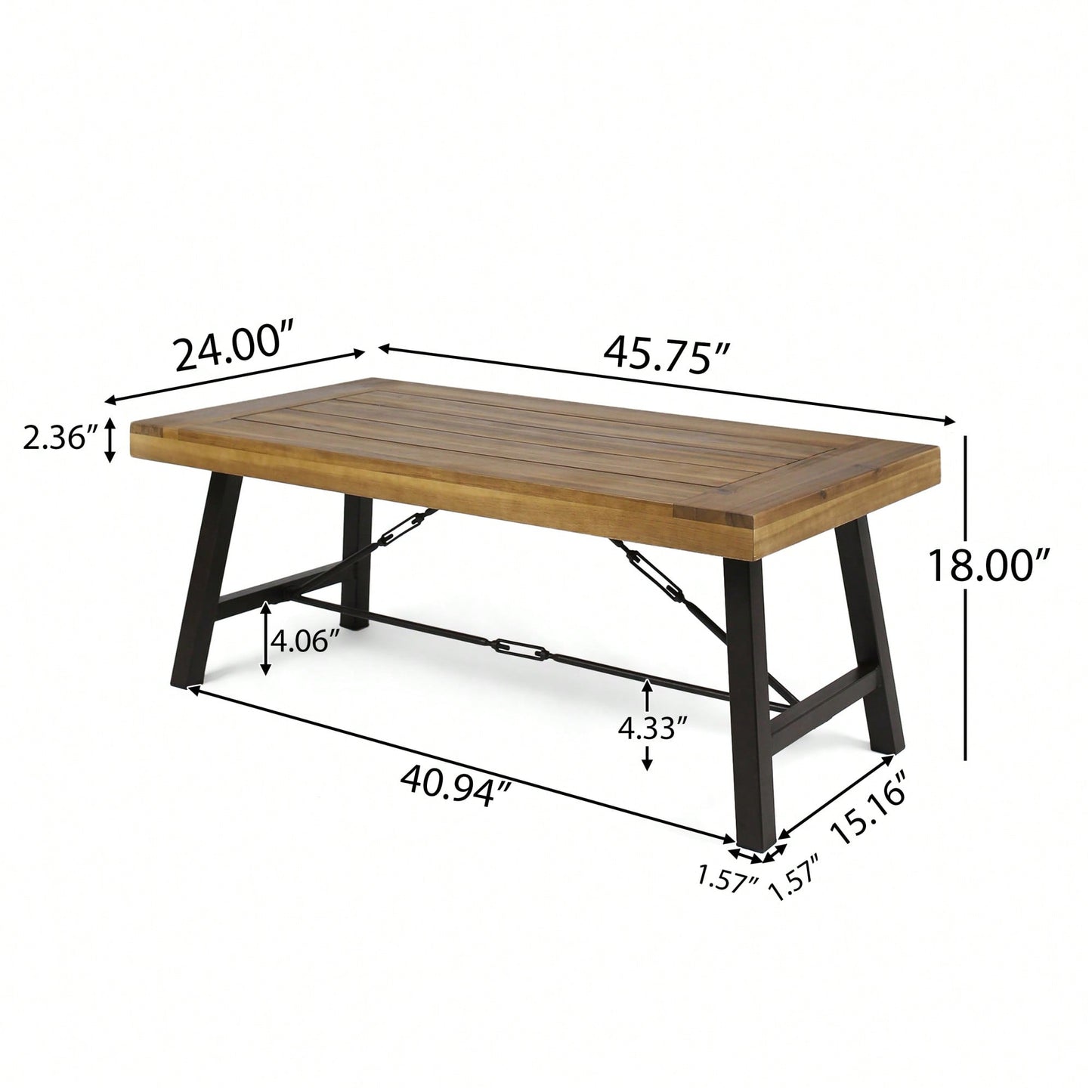 Rustic Outdoor Acacia Wood Coffee Table With Teak Finish And Metal Accents 27.25D X 45.75W X 18H