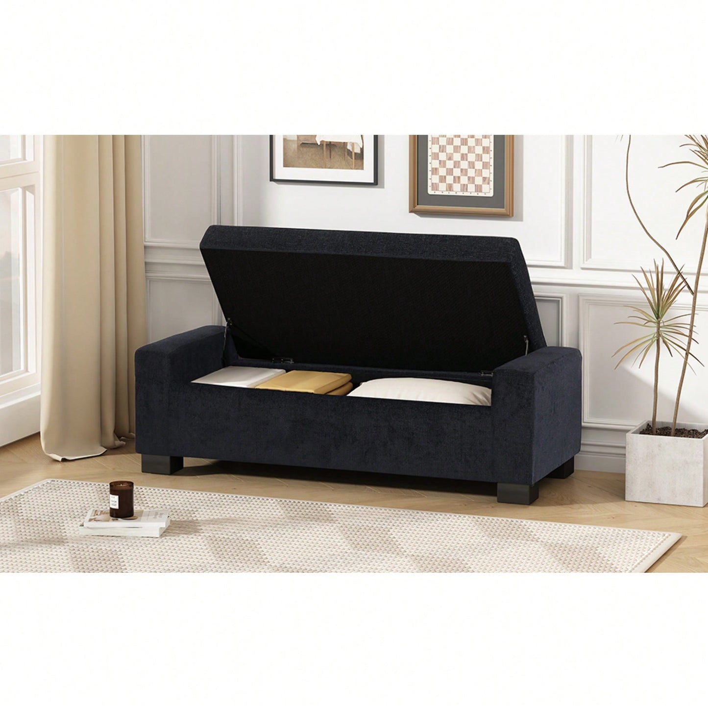 50 Inch Textured Fabric Ottoman Bench With Hinged Lid For Seating Footrest And Hidden Storage Ideal For Living Room Bedroom Or Entryway