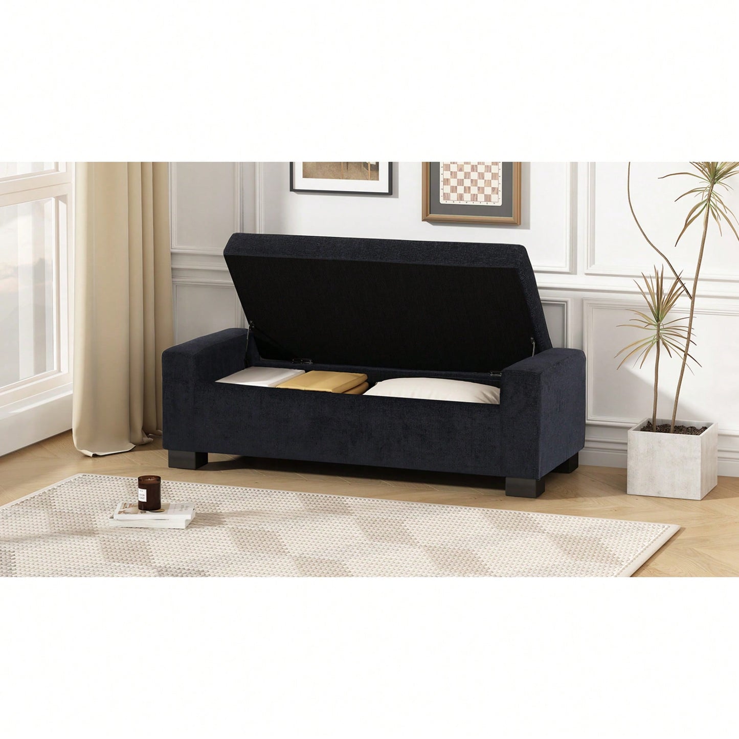 50 Inch Textured Fabric Ottoman Bench With Hinged Lid For Seating Footrest And Hidden Storage Ideal For Living Room Bedroom Or Entryway