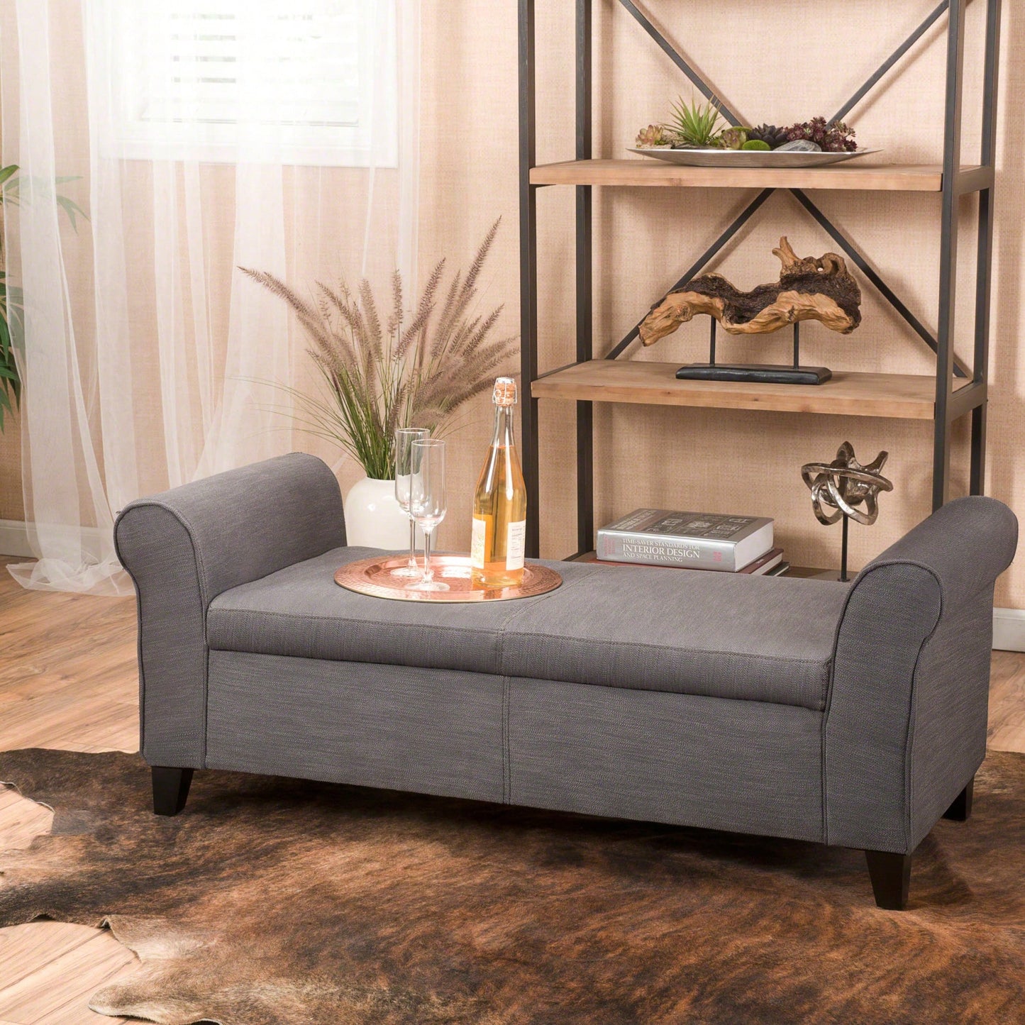 Stylish And Functional Armed Storage Bench With Cushion For Entryway Or Living Room