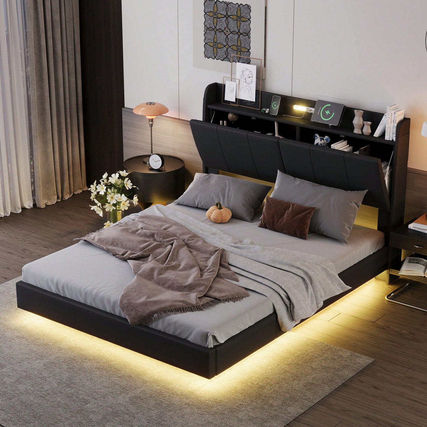 Queen Size Floating Bed Frame With Storage Headboard Modern Upholstered Platform Bed Touch Sensor Night Light USB Charger Black