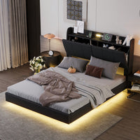 Queen Size Floating Bed Frame With Storage Headboard Modern Upholstered Platform Bed Touch Sensor Night Light USB Charger Black