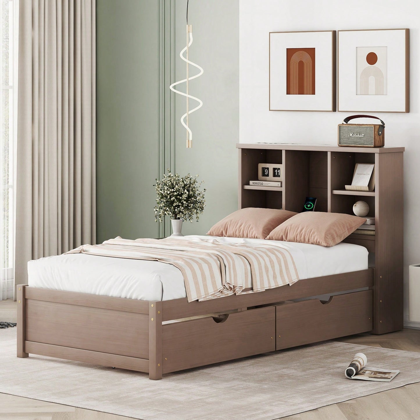 Contemporary Twin Bed Frame With USB Port And Storage Drawers In White Washed Finish