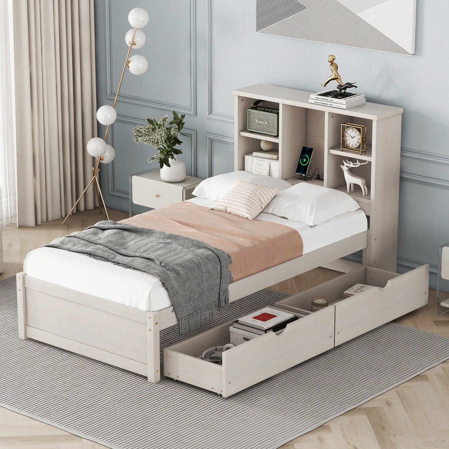 Contemporary Twin Bed Frame With USB Port And Storage Drawers In White Washed Finish