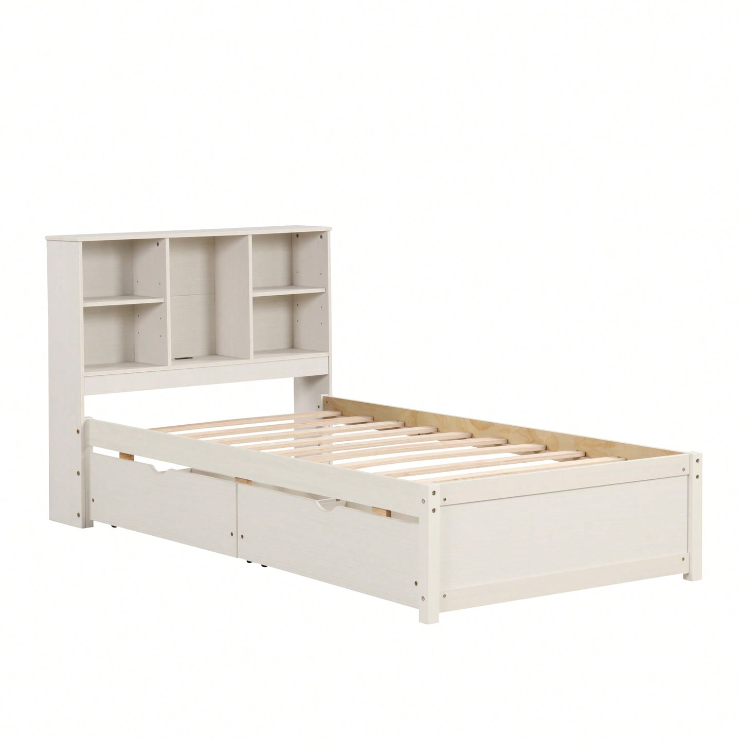 Contemporary Twin Bed Frame With USB Port And Storage Drawers In White Washed Finish