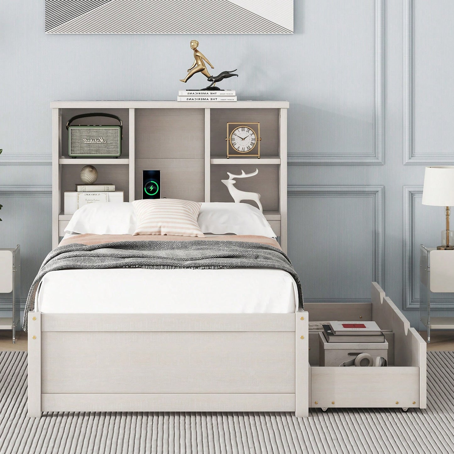 Contemporary Twin Bed Frame With USB Port And Storage Drawers In White Washed Finish