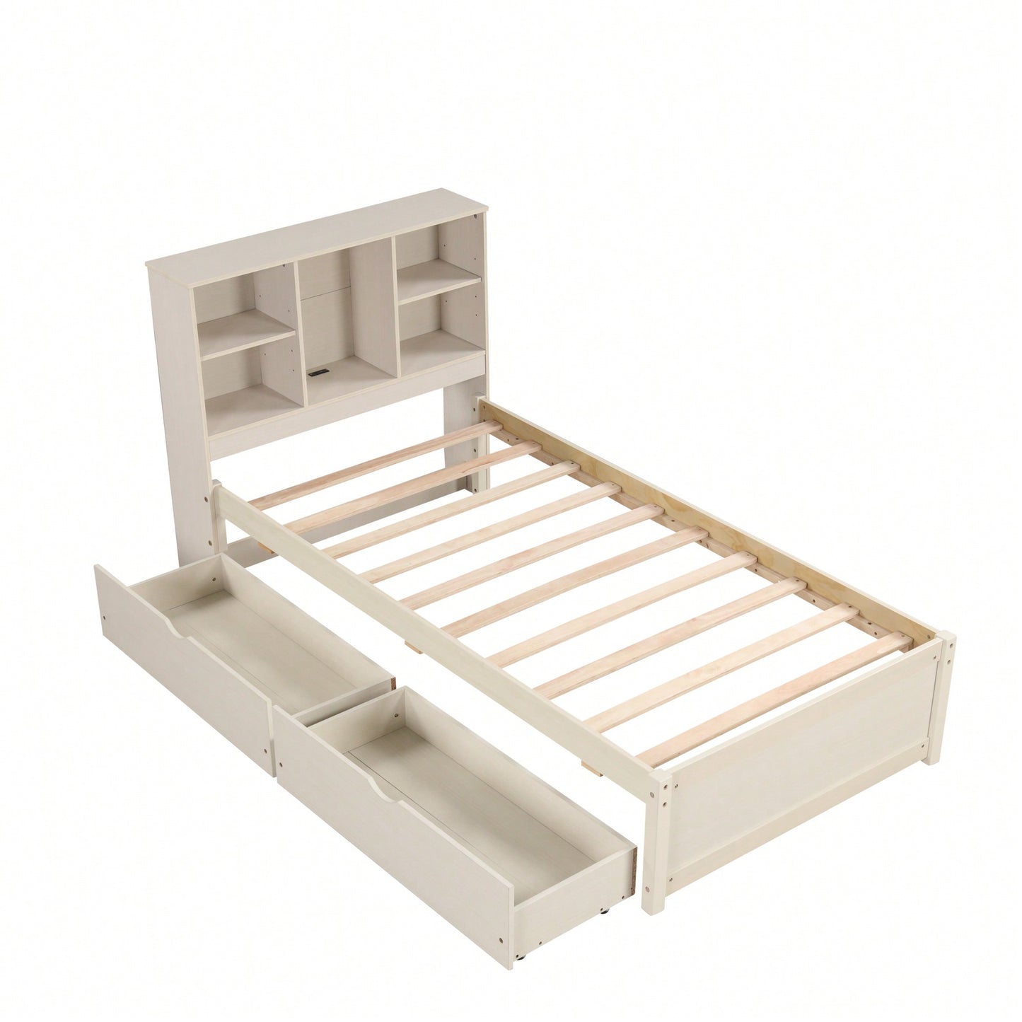 Contemporary Twin Bed Frame With USB Port And Storage Drawers In White Washed Finish