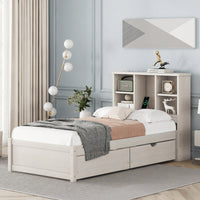 Contemporary Twin Bed Frame With USB Port And Storage Drawers In White Washed Finish