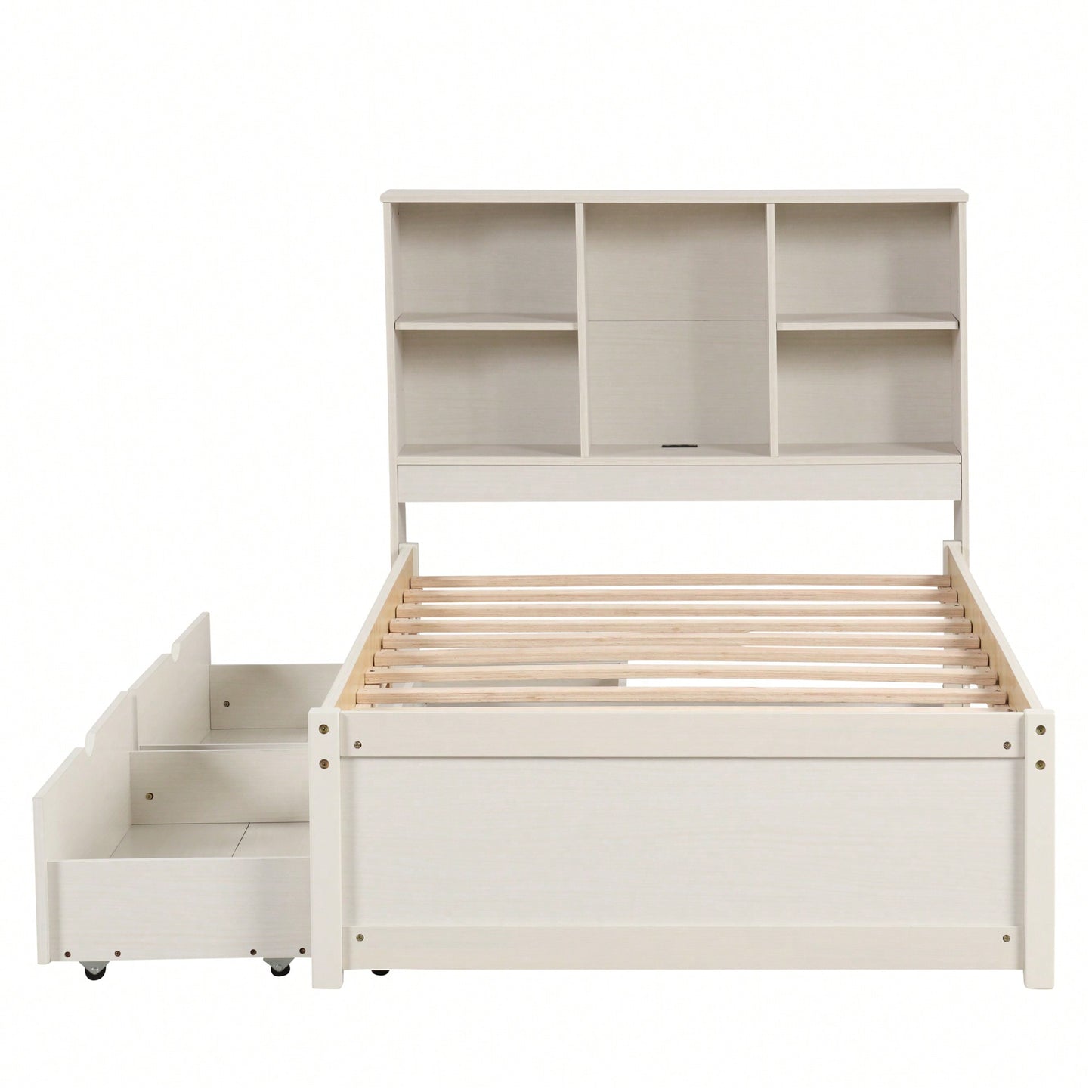 Contemporary Twin Bed Frame With USB Port And Storage Drawers In White Washed Finish