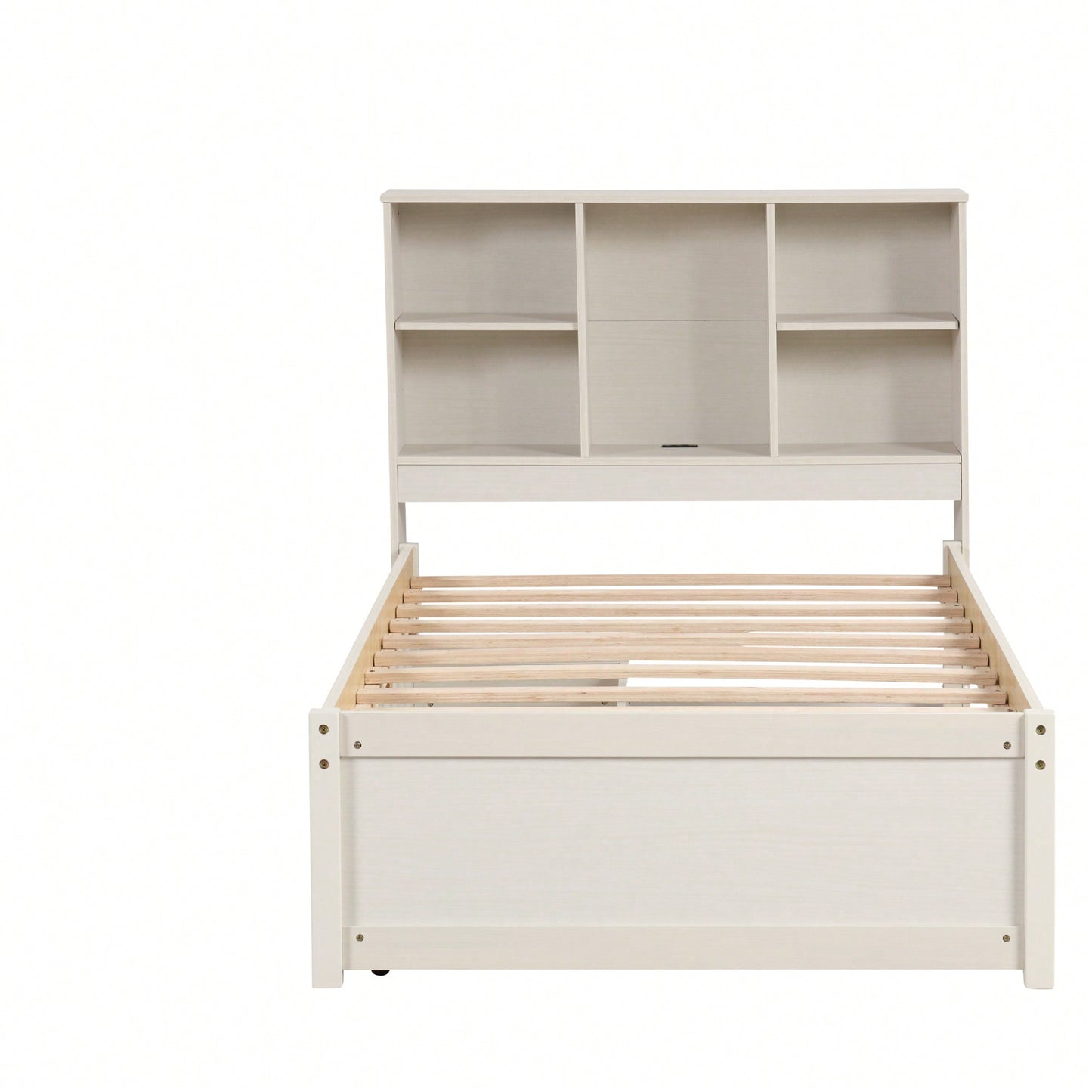 Contemporary Twin Bed Frame With USB Port And Storage Drawers In White Washed Finish