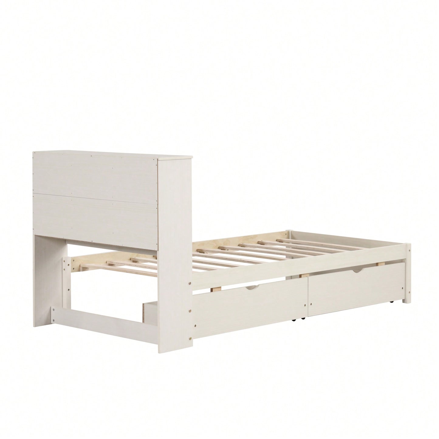 Contemporary Twin Bed Frame With USB Port And Storage Drawers In White Washed Finish