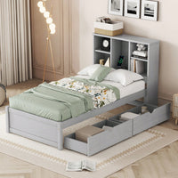 Contemporary Twin Bed Frame With USB Port And Storage Drawers In White Washed Finish