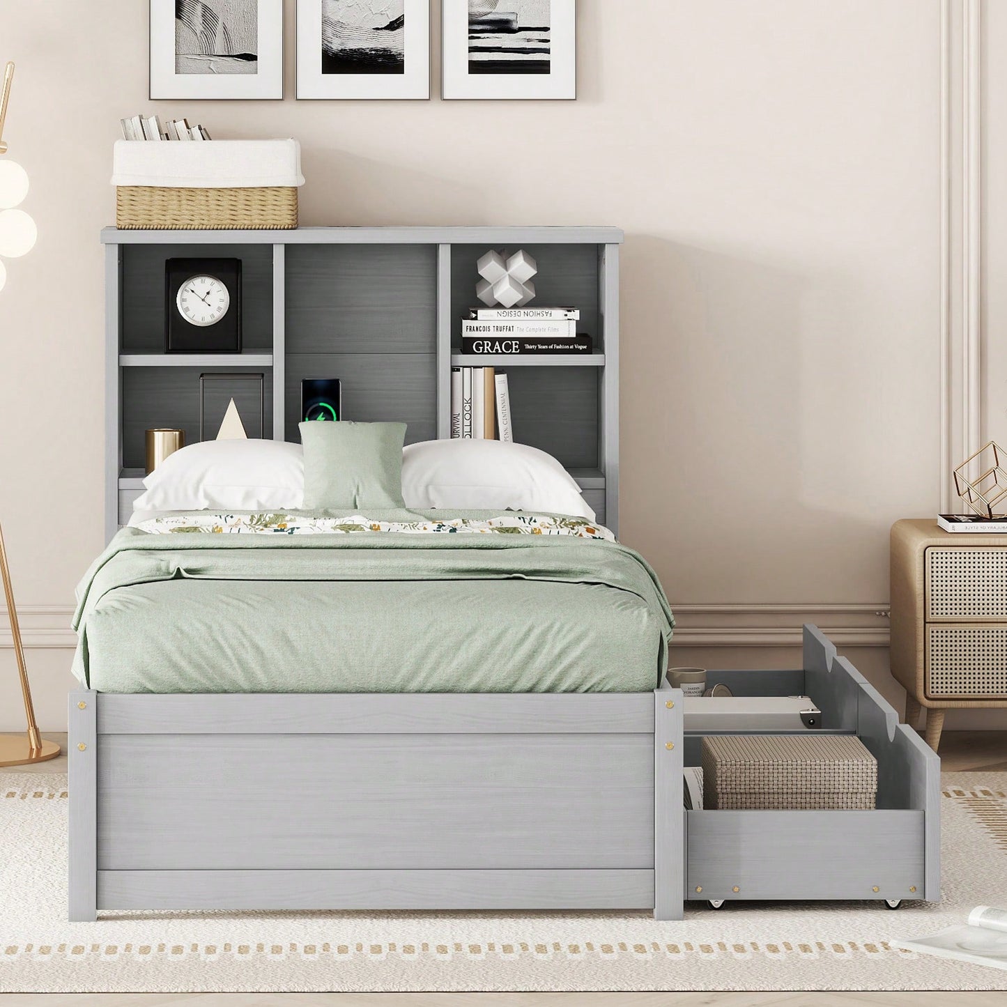 Contemporary Twin Bed Frame With USB Port And Storage Drawers In White Washed Finish