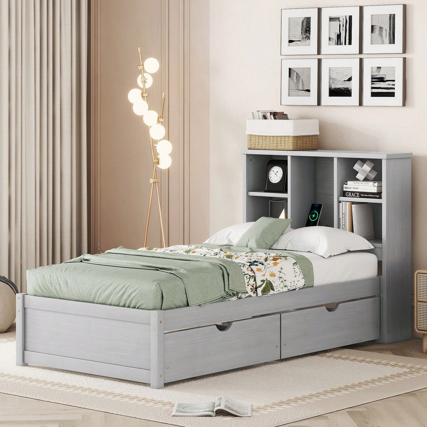 Contemporary Twin Bed Frame With USB Port And Storage Drawers In White Washed Finish