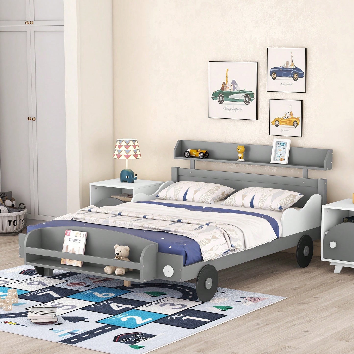 Car-Shaped Full Size Platform Bed With Storage Shelf In Gray For Kids Bedroom