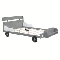 Car-Shaped Full Size Platform Bed With Storage Shelf In Gray For Kids Bedroom