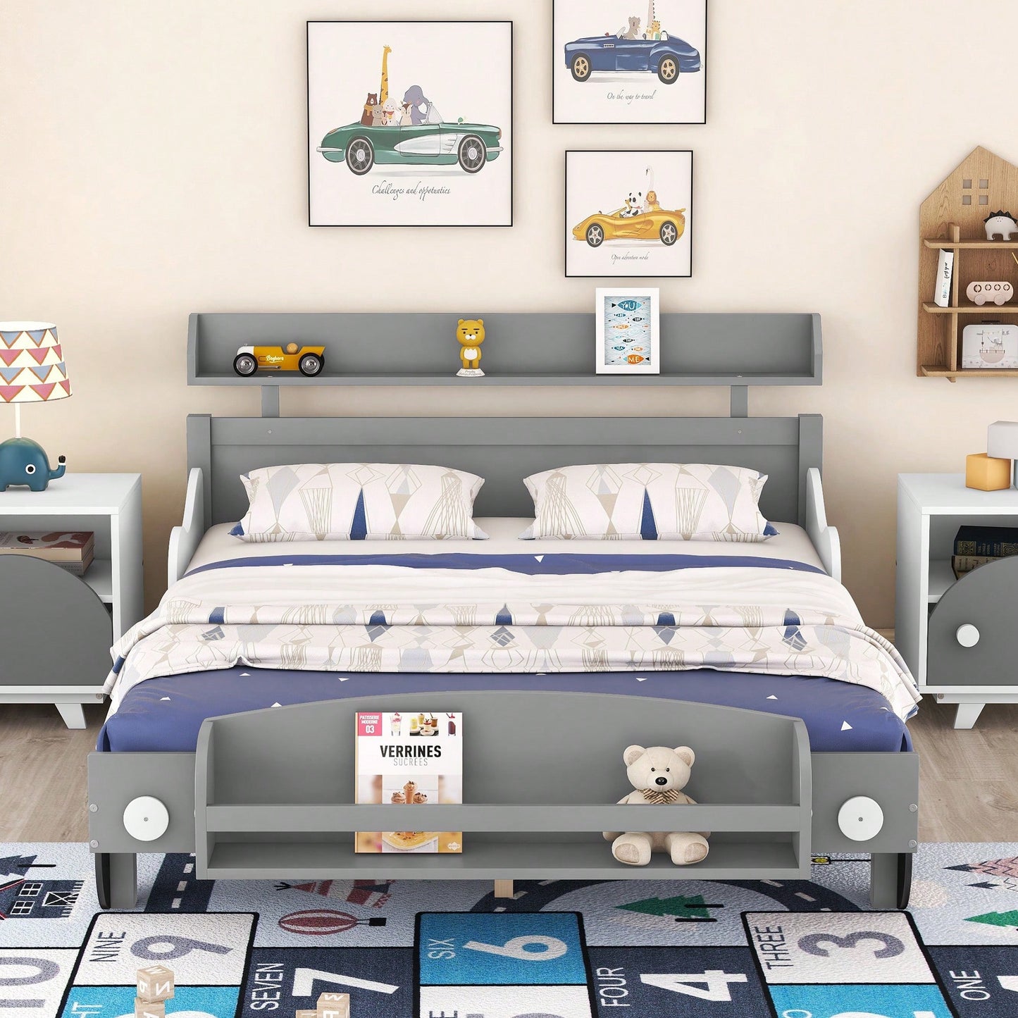 Car-Shaped Full Size Platform Bed With Storage Shelf In Gray For Kids Bedroom