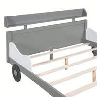 Car-Shaped Full Size Platform Bed With Storage Shelf In Gray For Kids Bedroom