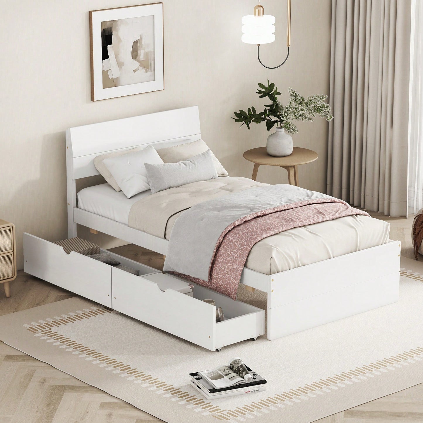 Modern Twin Bed Frame With Storage Drawers High Gloss White Headboard And Footboard Creamy White Finish