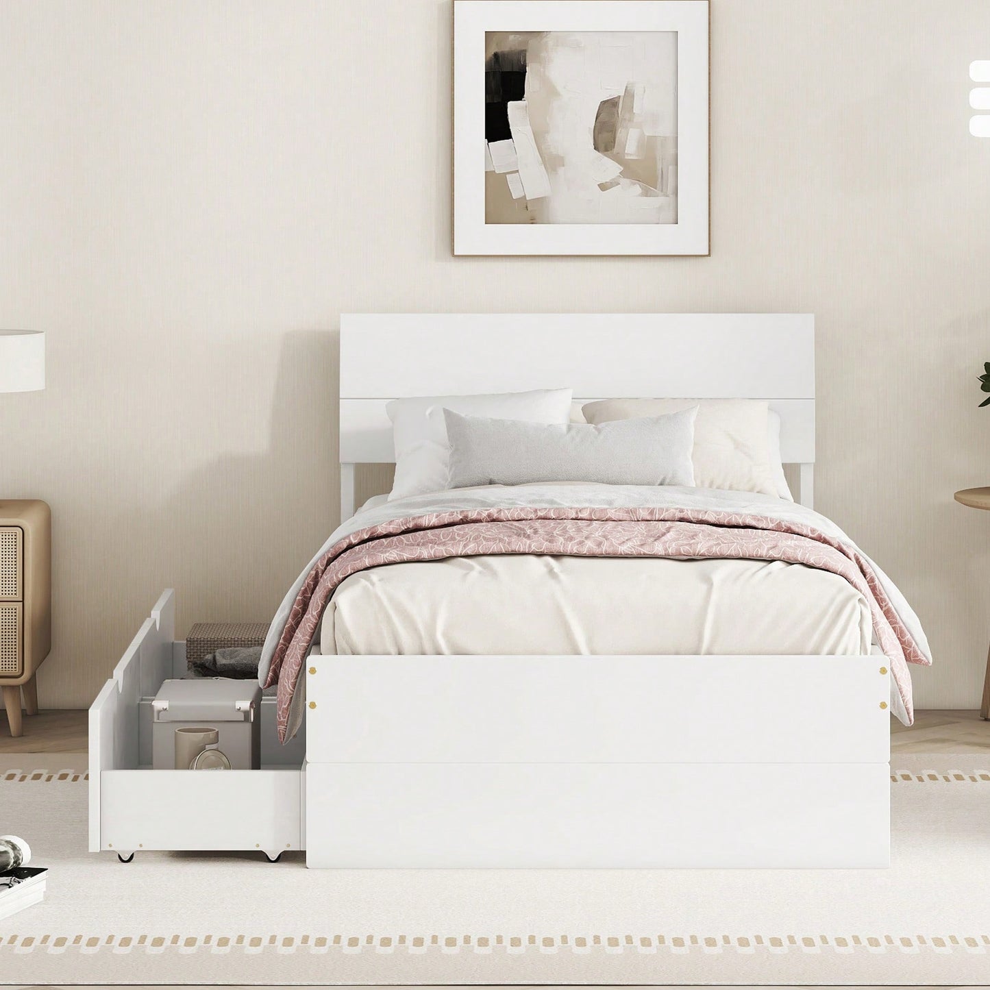 Modern Twin Bed Frame With Storage Drawers High Gloss White Headboard And Footboard Creamy White Finish