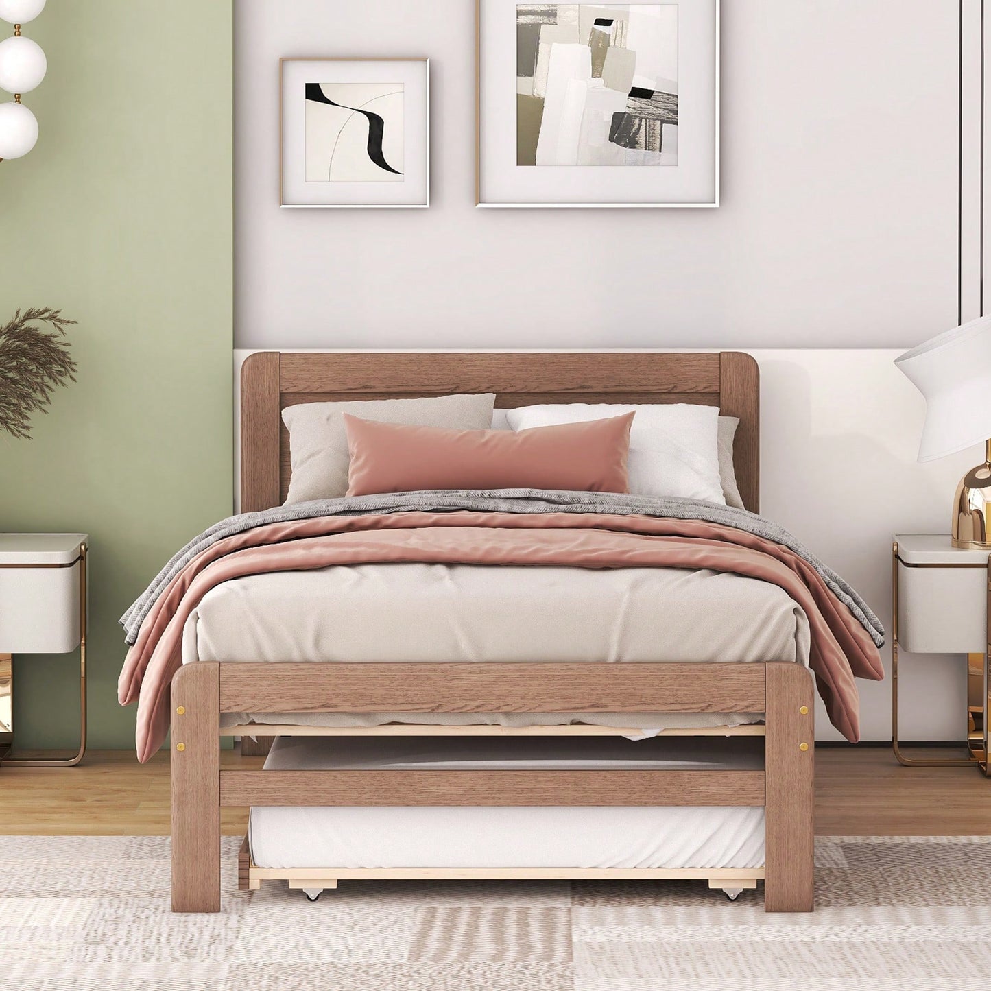 Walnut Twin Size Platform Bed Frame With Trundle For Space-Saving Sleep Solutions