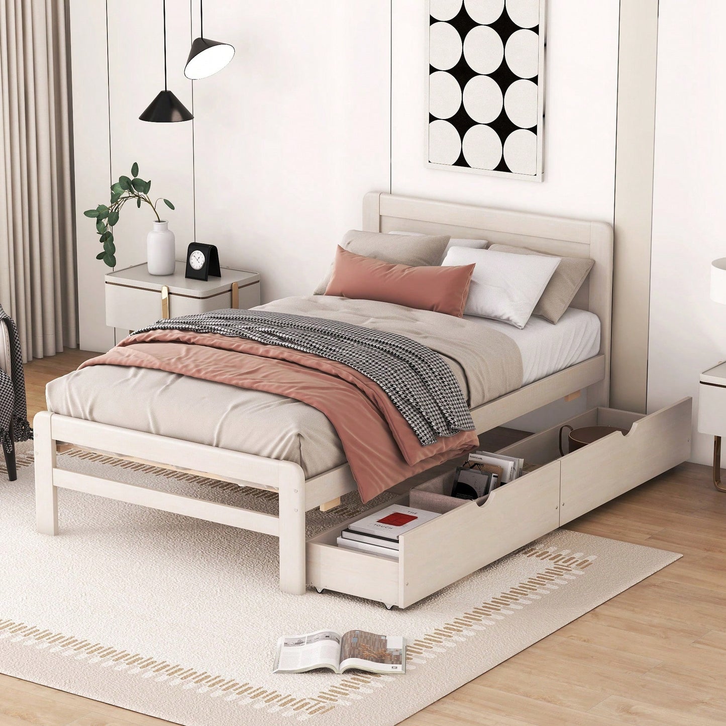 Modern Twin Size Grey Platform Bed Frame With 2 Storage Drawers