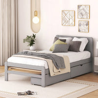 Modern Twin Size Grey Platform Bed Frame With 2 Storage Drawers