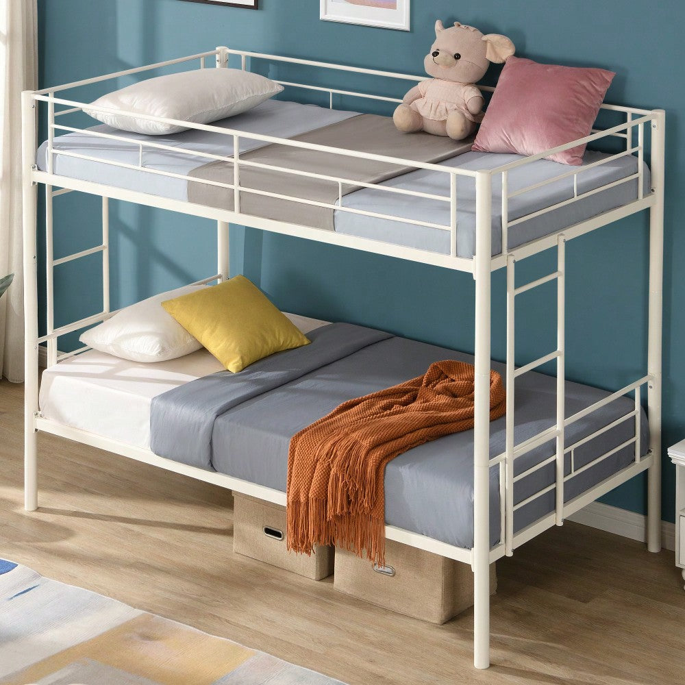 Space Saving Twin Over Twin Metal Bunk Bed With Safety Guardrails And Dual Ladders, No Box Spring Needed, Convertible Design In White