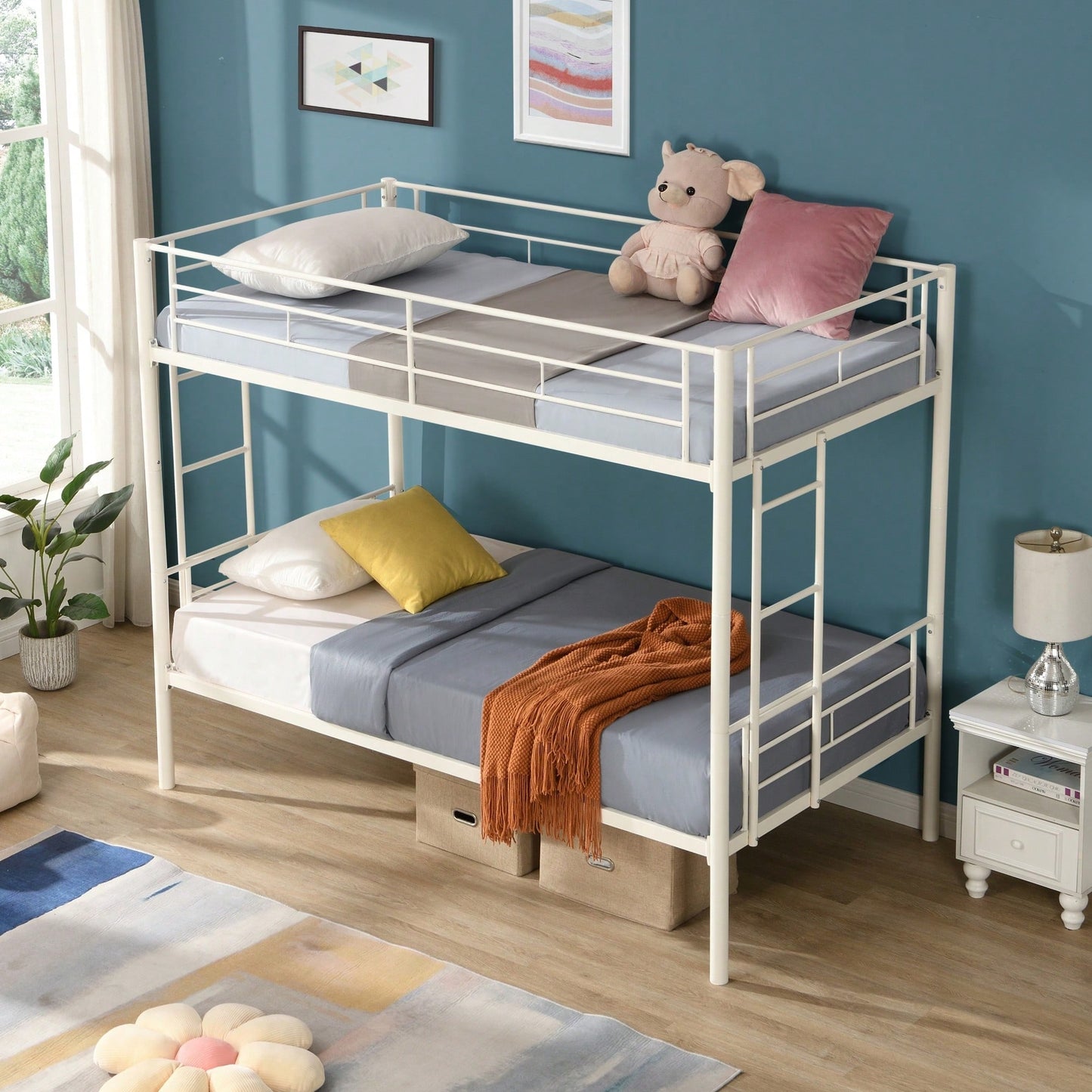 Space Saving Twin Over Twin Metal Bunk Bed With Safety Guardrails And Dual Ladders, No Box Spring Needed, Convertible Design In White