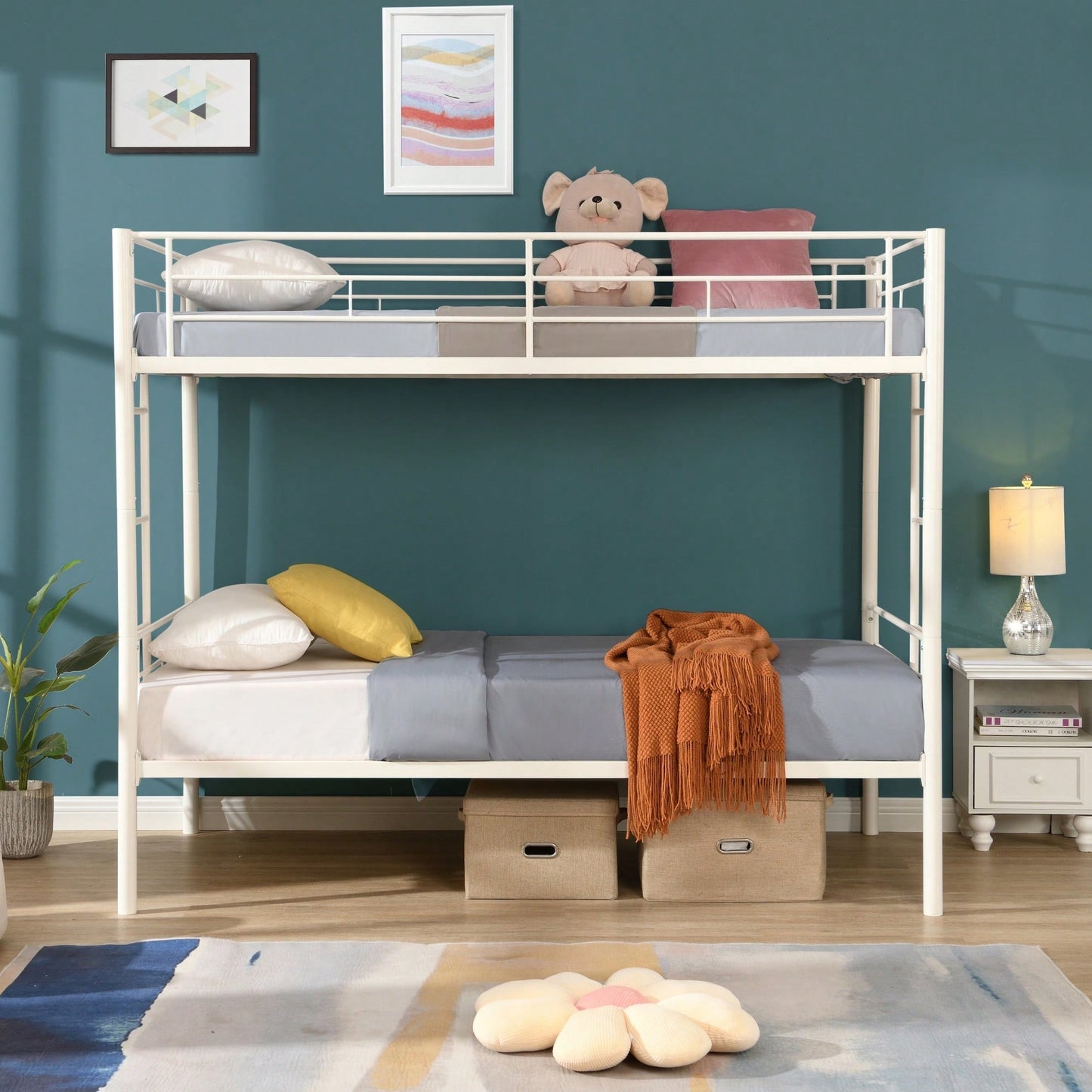Space Saving Twin Over Twin Metal Bunk Bed With Safety Guardrails And Dual Ladders, No Box Spring Needed, Convertible Design In White