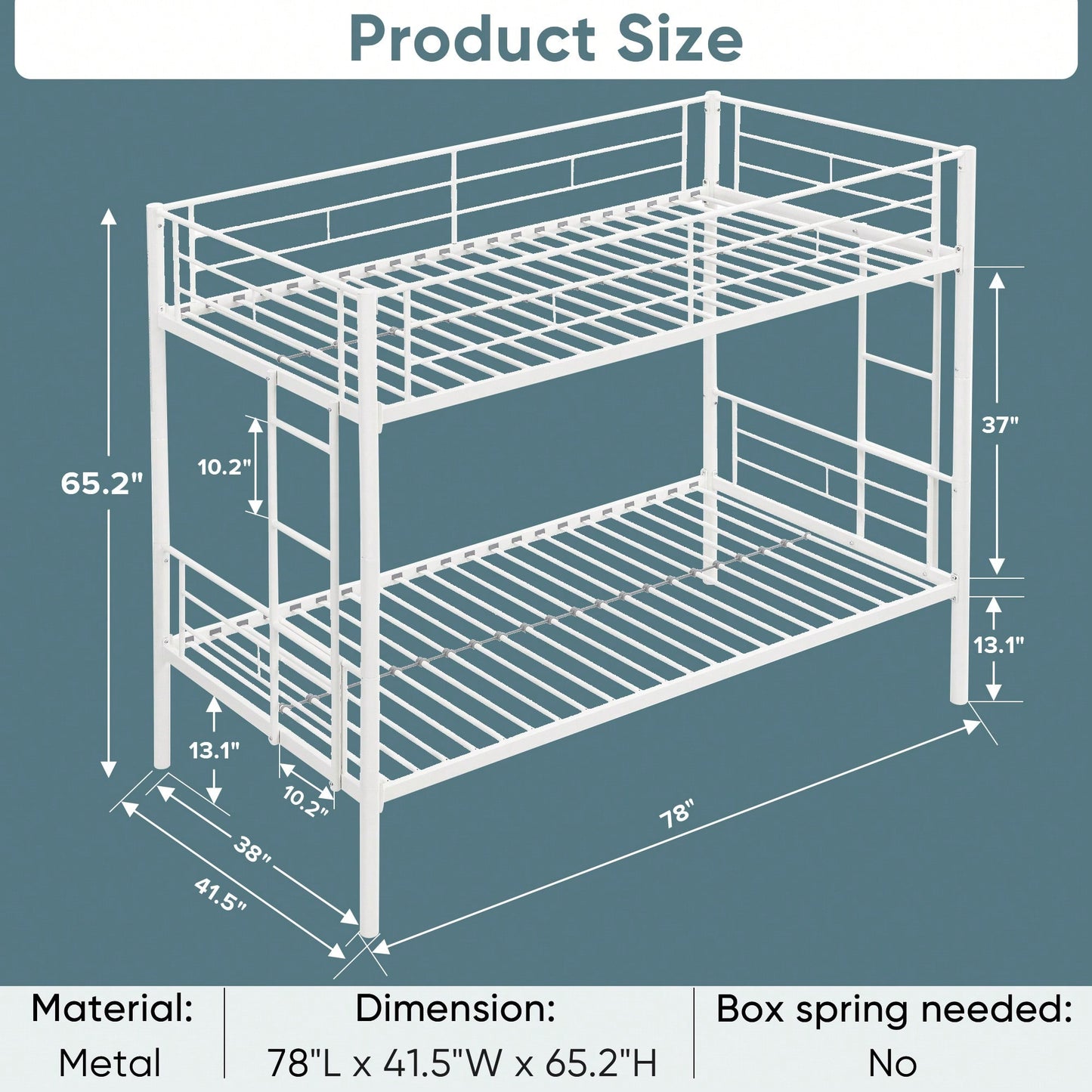 Space Saving Twin Over Twin Metal Bunk Bed With Safety Guardrails And Dual Ladders, No Box Spring Needed, Convertible Design In White