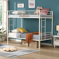 Space Saving Twin Over Twin Metal Bunk Bed With Safety Guardrails And Dual Ladders, No Box Spring Needed, Convertible Design In White