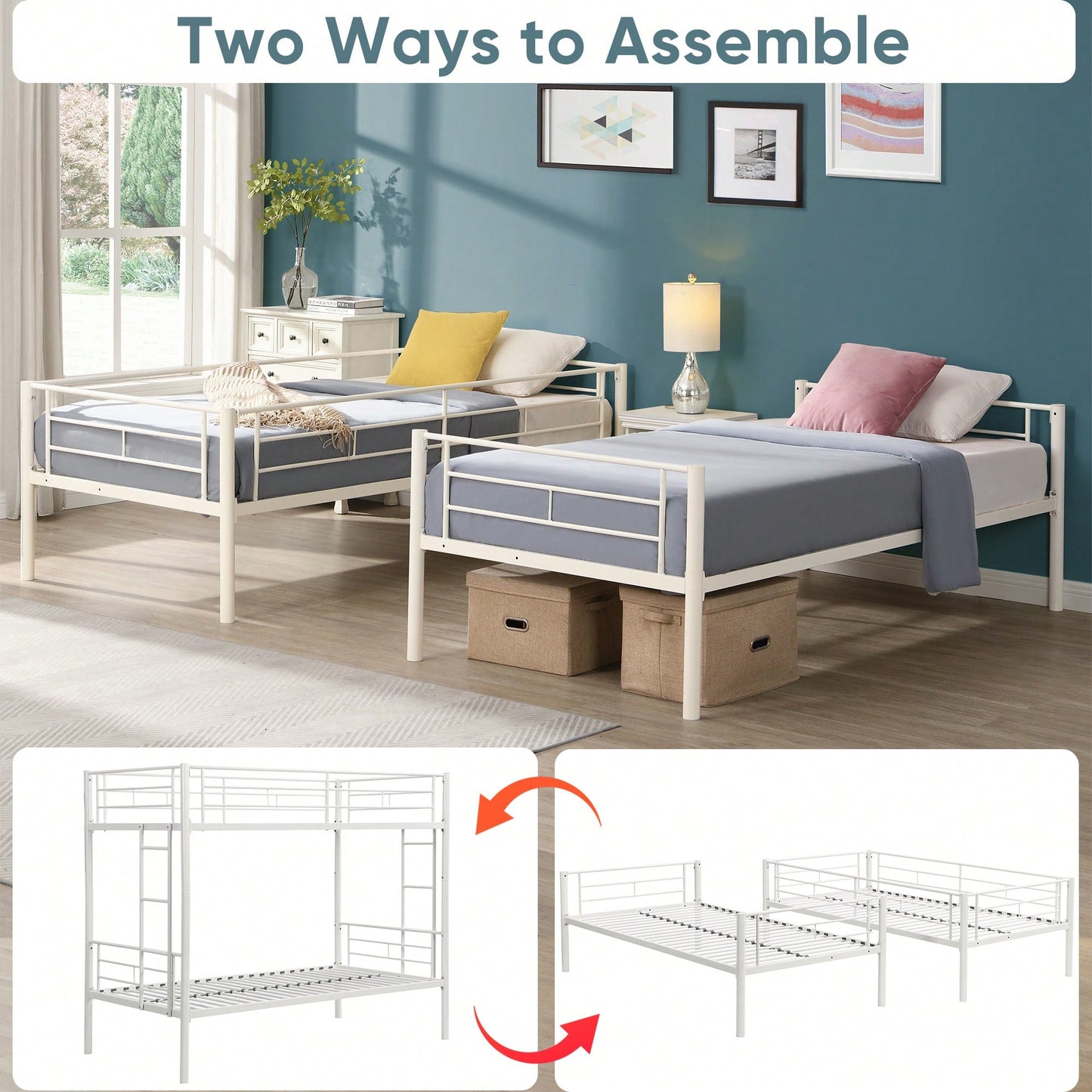 Space Saving Twin Over Twin Metal Bunk Bed With Safety Guardrails And Dual Ladders, No Box Spring Needed, Convertible Design In White